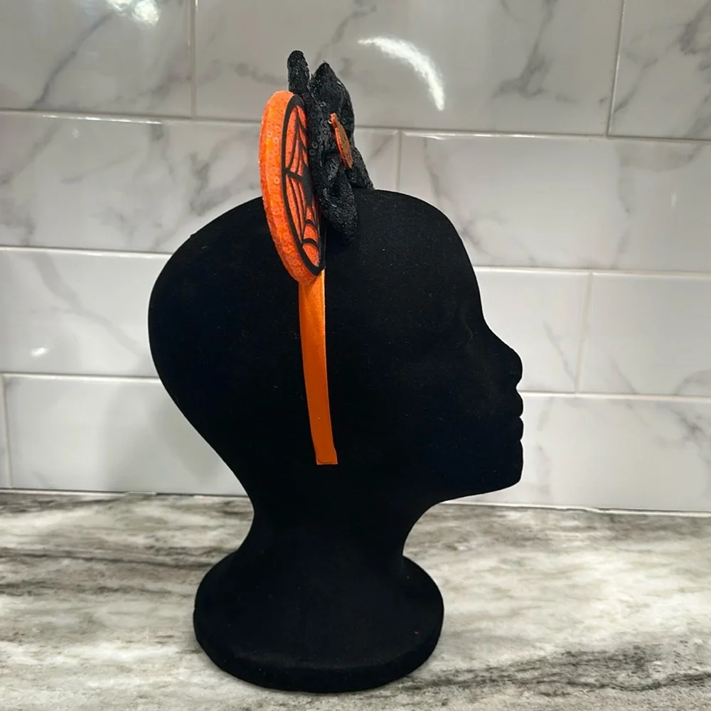Halloween Pumpkin Minnie Mouse Sequin Ears Headband NEW Bow Spider Webs